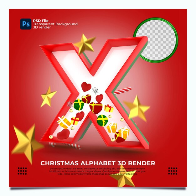 Render 3d del alfabeto de Navidad X con elementos y colores oro verde rojo