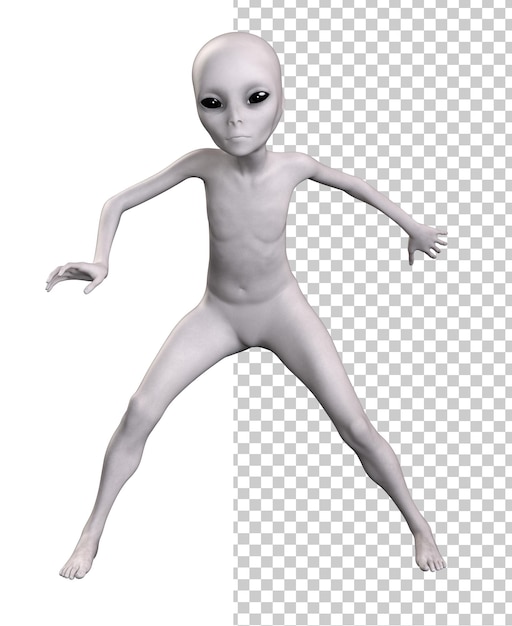 Render 3D alien abu-abu pada latar belakang transparan