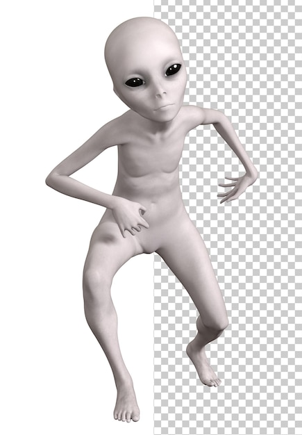 Render 3D alien abu-abu pada latar belakang transparan