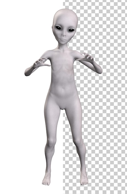 Render 3D alien abu-abu pada latar belakang transparan