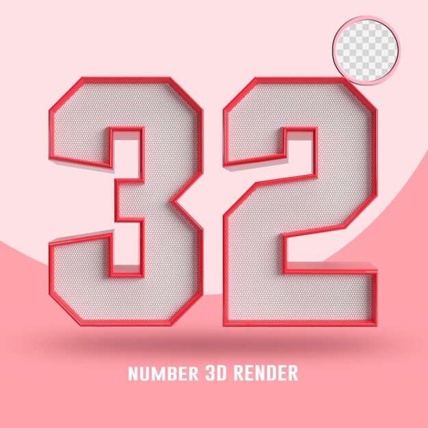 Render 3D angka 32 garis dan tekstur merah