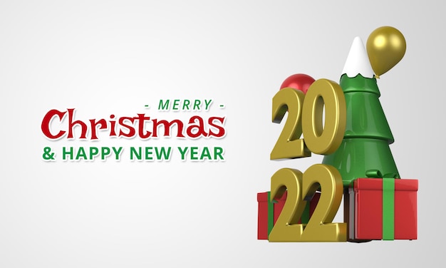 Render 3D Árbol de Navidad y caja de regalo Año nuevo a todo color