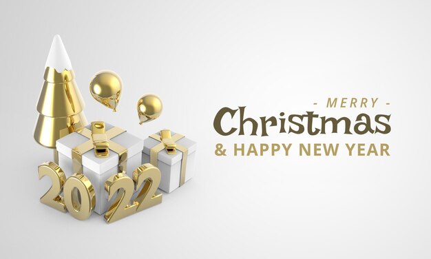 Render 3D árbol de Navidad y caja de regalo año nuevo