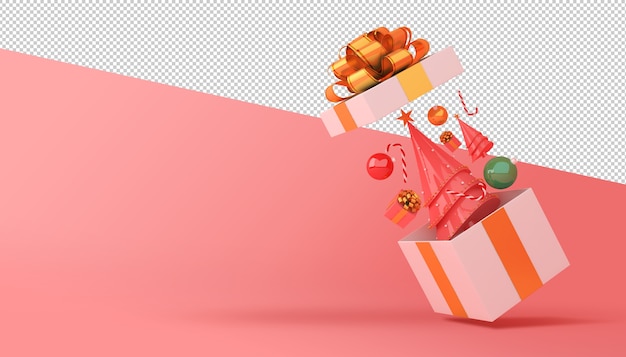 PSD render 3d de árbol de navidad y caja de regalo