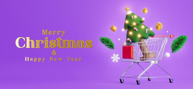 Render 3D de árbol de Navidad en carro con concepto de Navidad para exhibición de productos