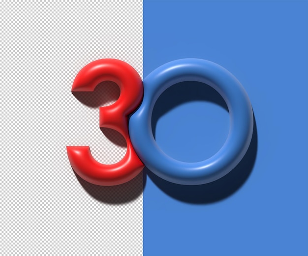Render 3D de un archivo Psd transparente de 30 treinta números