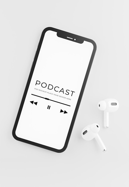 Render 3d de auriculares con maqueta de concepto de podcast