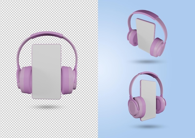 Render 3d auriculares modernos rosas con teléfono móvil