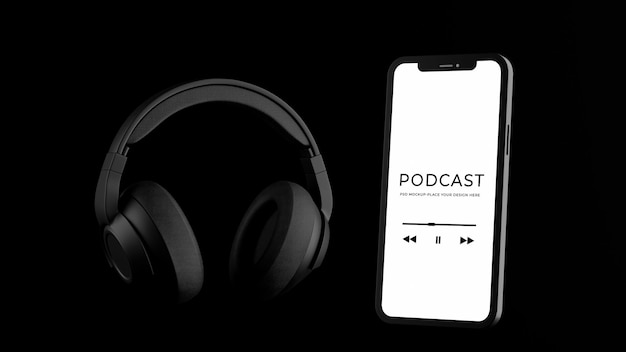 PSD render 3d de auriculares de teléfono inteligente con maqueta de podcast