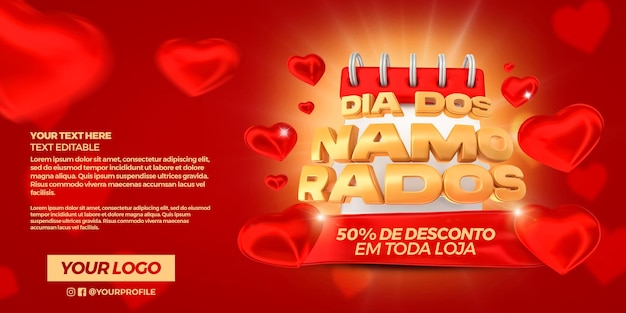 Render 3d de banner de día de san valentín