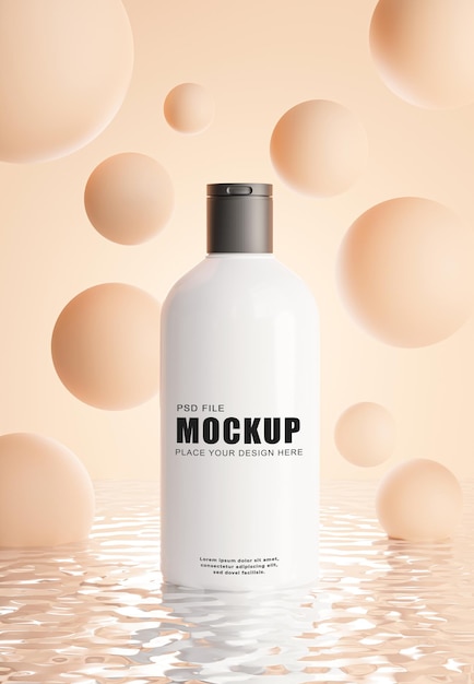Render 3d de botella de cosméticos realista con fondo abstracto para sus productos