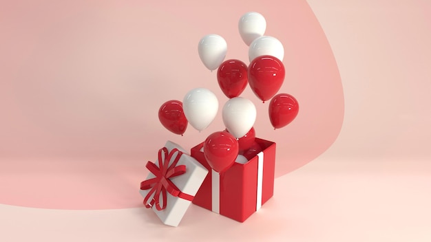 Render 3D de una caja actual con globos en el interior en resolución 4k