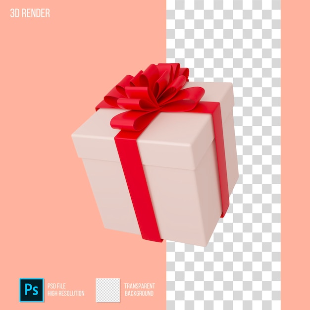 Render 3D de caja de regalo con cinta roja con fondo transparente