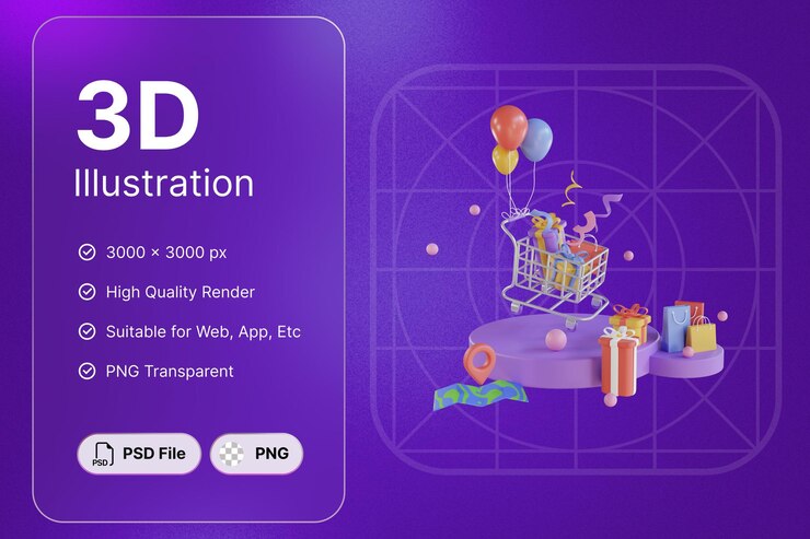 PSD render 3d carro de compras concepto de comercio electrónico diseño moderno