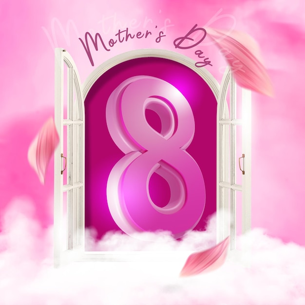 PSD render 3d cartel del día de la madre feliz con diseño de clounds con fondo rosa psd