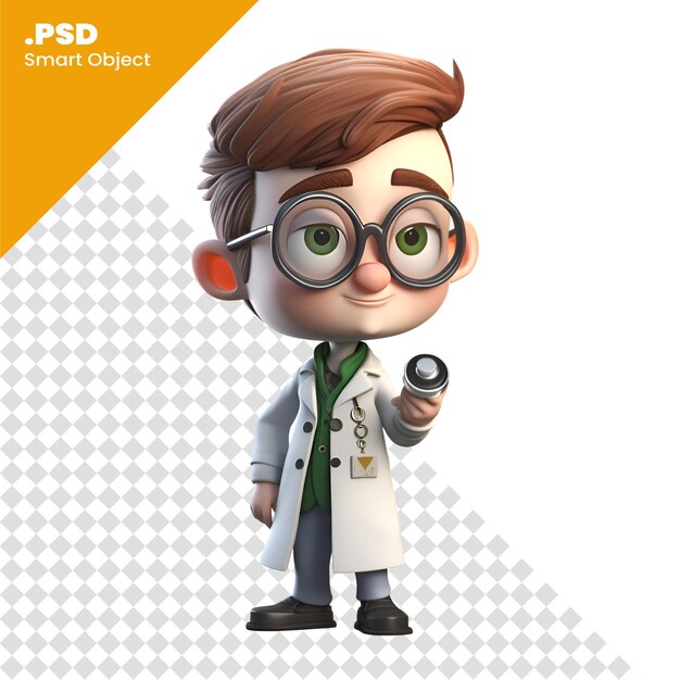 Render 3d de un científico de dibujos animados con estetoscopio y gafas plantilla psd