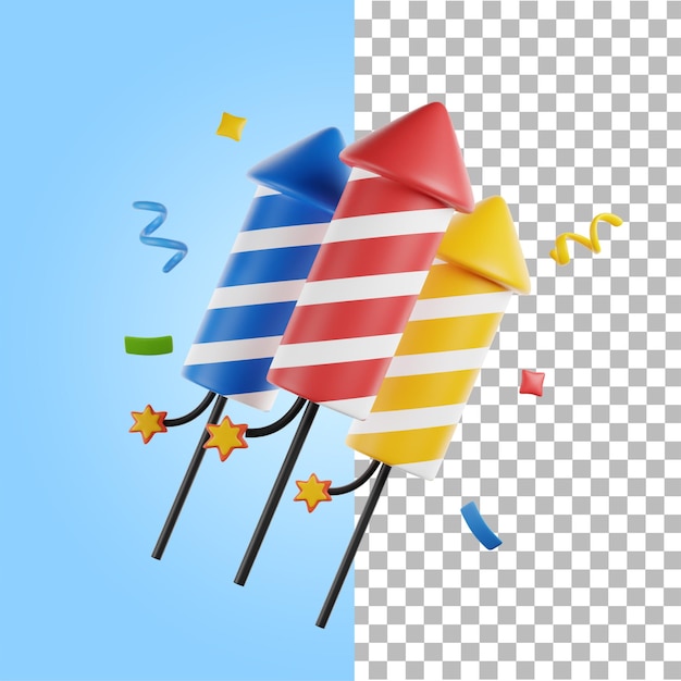 PSD render 3d de cohete con fuegos artificiales de galleta de fuego para icono de fiesta