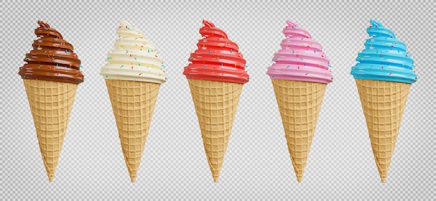 Render 3d de la colección de helados con glaseado en el camino de recorte de fondo blanco