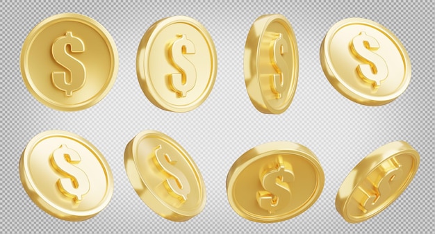 Render 3d de la colección de monedas de oro sobre fondo transparente