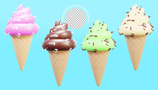 PSD un render 3d coloridos conos de helado con fondo transparente