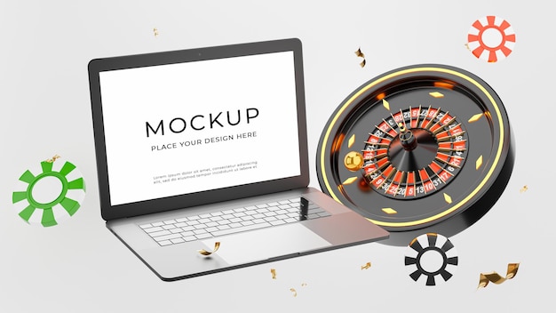 Render 3d de computadora portátil con concepto de juego de casino de ruleta