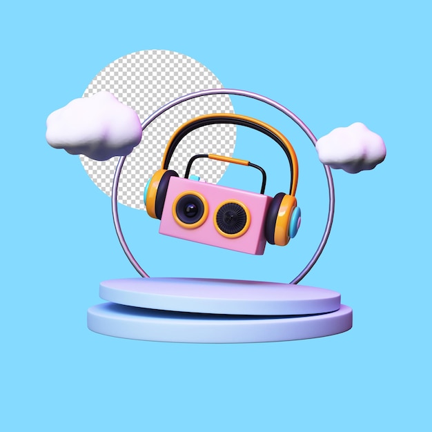 Render 3D del concepto de música de radio y auriculares y podio