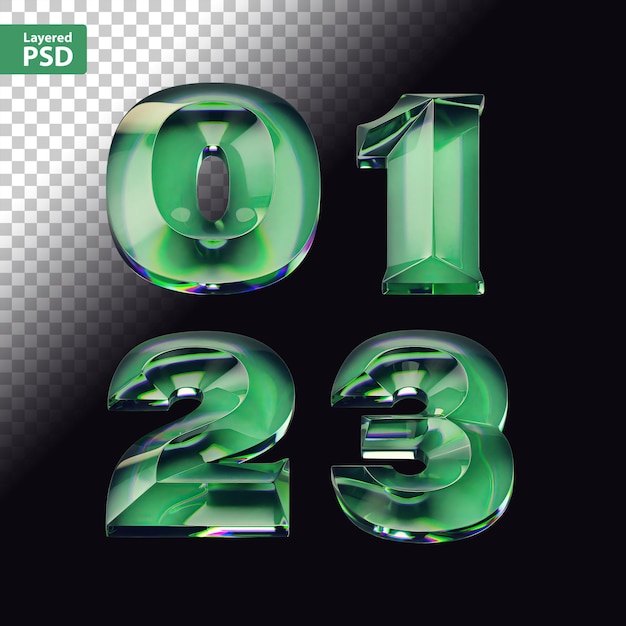 PSD render 3d de conjunto de fuentes con letras hechas de vidrio verde brillante