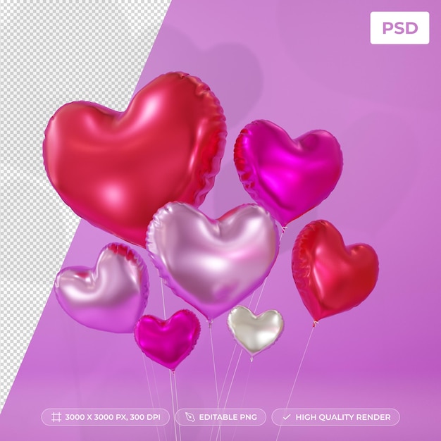 PSD render 3d del conjunto de globos con forma de corazón.