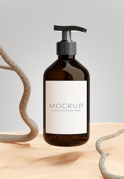 Render 3D de cosméticos con ramas, arena para la exhibición de su producto