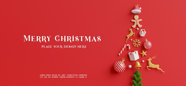 Render 3D de la decoración del árbol de Navidad con el concepto de feliz Navidad para la exhibición de su producto
