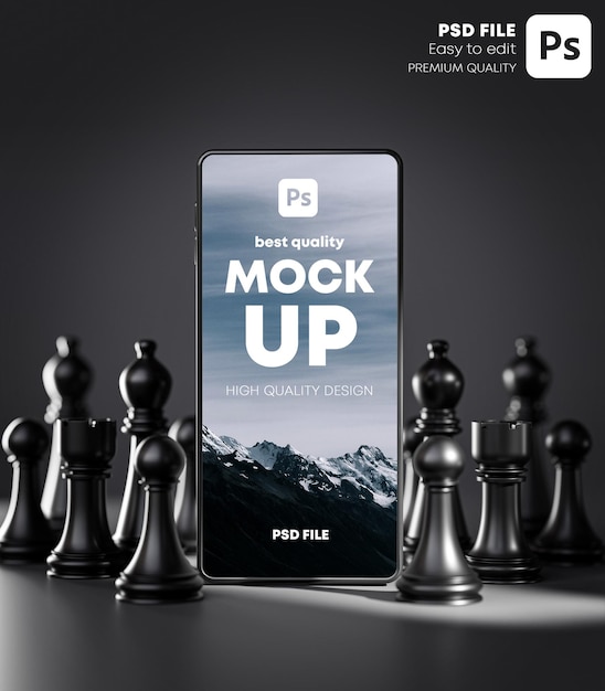 Render 3D del modello di mockup per smartphone dell'app del gioco di scacchi