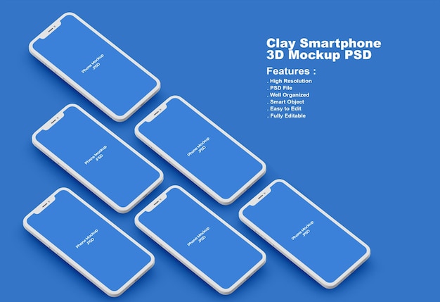 Render 3D dell'argilla del mockup dello schermo dello smartphone
