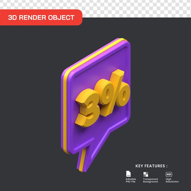 Render 3D descuento de venta del 3 por ciento aislado. útil para el comercio electrónico y la ilustración de compras en línea.