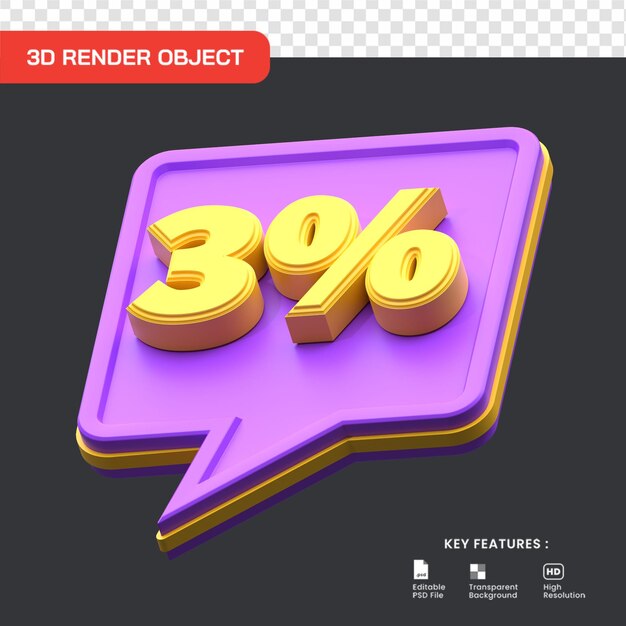 Render 3D descuento de venta del 3 por ciento aislado. útil para el comercio electrónico y la ilustración de compras en línea.