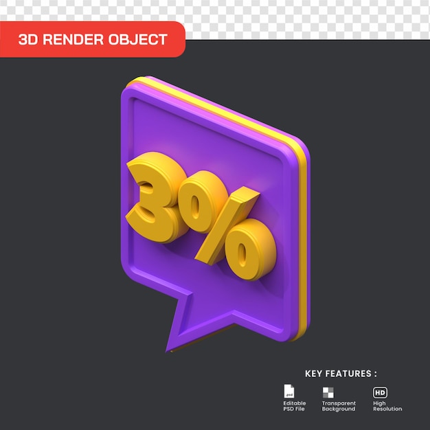 Render 3D descuento de venta del 3 por ciento aislado. útil para el comercio electrónico y la ilustración de compras en línea.