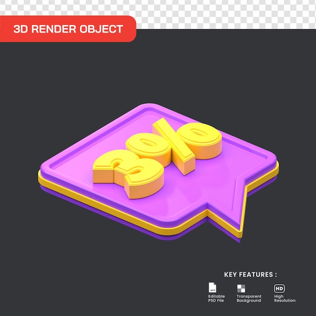 PSD render 3d descuento de venta del 3 por ciento aislado. útil para el comercio electrónico y la ilustración de compras en línea.