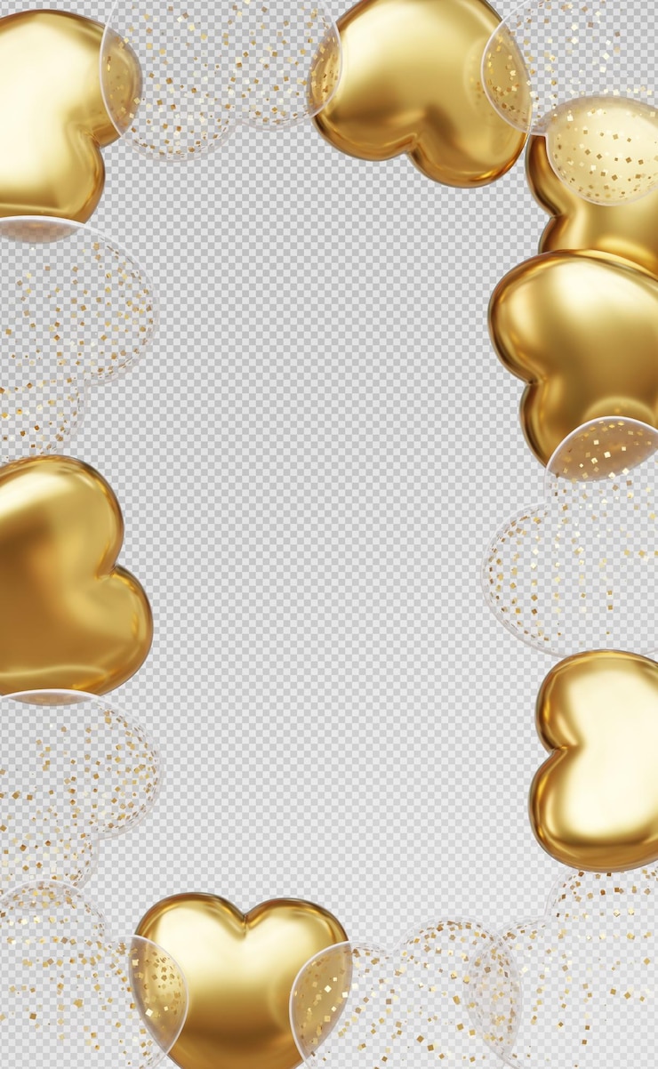 PSD render 3d di heart shape golden balloons e transparent con banner di celebrazione