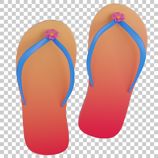 Render 3D di una coppia di pantofole arancioni con cinghie blu e icona di dettaglio floreale