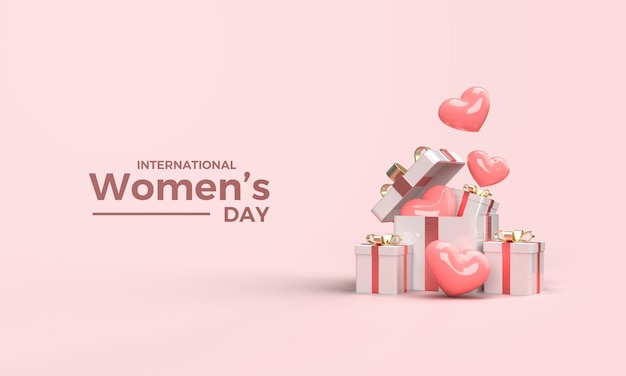 Render 3D del día de la mujer con ilustración de cajas de regalo y globos de amor rosa