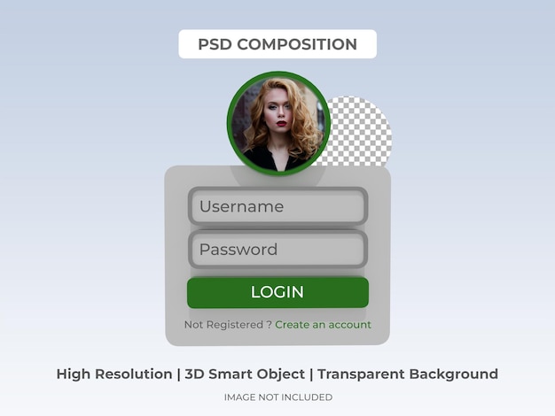 PSD render 3d del diseño de plantilla de página de inicio de sesión de usuario del sitio web