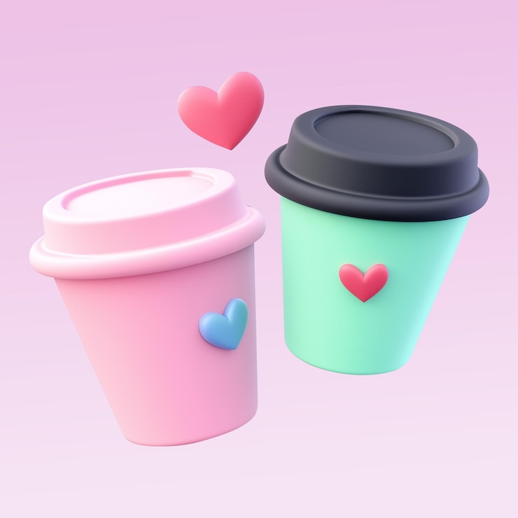 Render 3D dos tazas de café flotantes con corazones en un fondo transparente