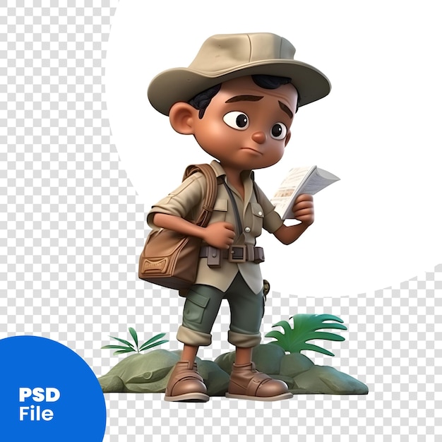 PSD render 3d du petit garçon avec un chapeau de safari et un sac à dos avec un modèle psd de carte