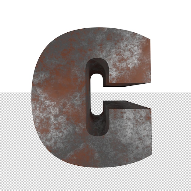 Render 3d de efecto de texto de hierro oxidado de letra C