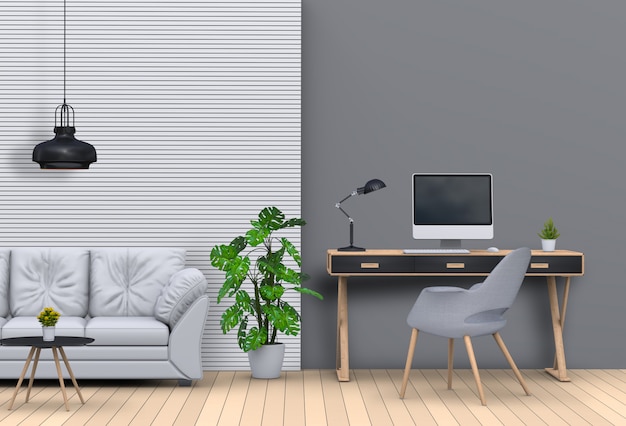 PSD render 3d del espacio de trabajo interior moderno de la sala de estar con sofá, escritorio, computadora de escritorio
