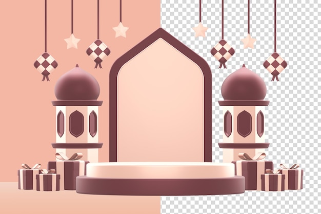 Render 3d de fondo de podio islámico con regalos y adornos de decoración árabe v1