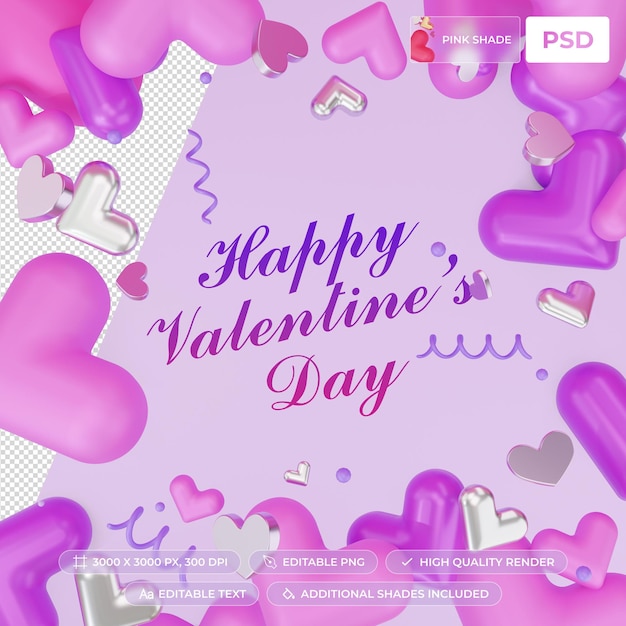 PSD render 3d de fondo de san valentín con corazones y texto editable