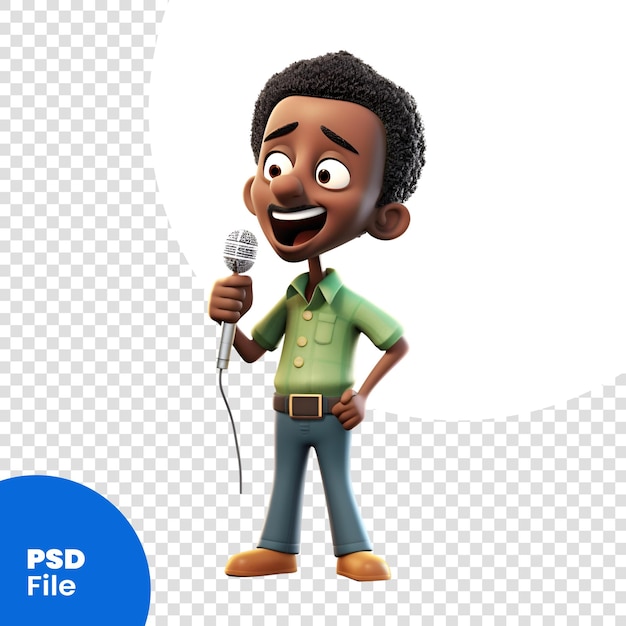 PSD render 3d d'un garçon afro-américain avec un modèle psd de microphone