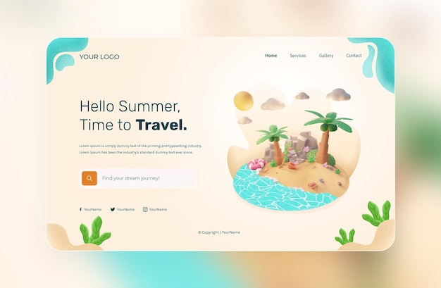 Render 3D, Hola verano, plantilla de sitio web, con ilustración de playa