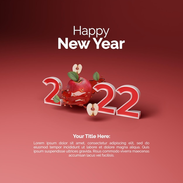 Render 3D del icono de Apple con diseño de plantilla de cartel de feliz año nuevo 2022