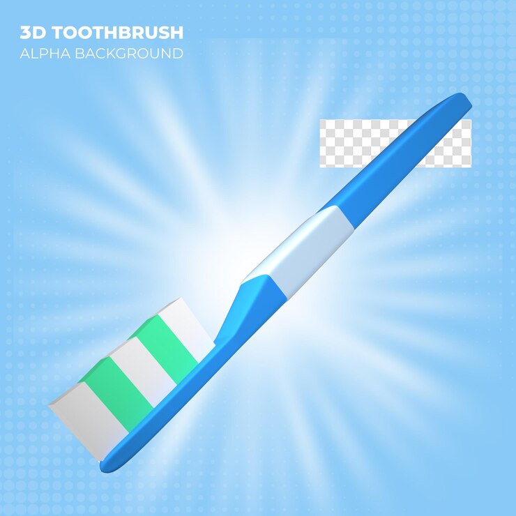 PSD render 3d del icono del cepillo de dientes azul con blanco y verde